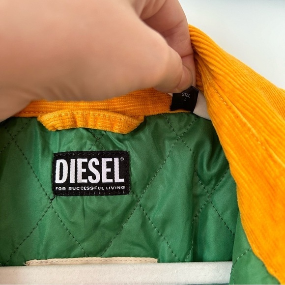 [L] Diesel Vintage Golden Yellow Corduroy Snap Down Jacket Green Quilted Lining - Picture 9 of 14